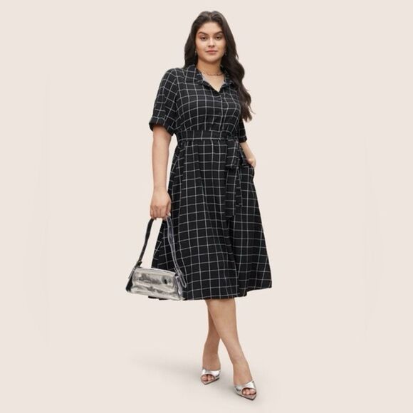 BloomChic Dresses & Skirts - NWT BloomChic Black Windowpane Midi Shirt Dress with Tie Waist